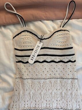 Olive & Oak Cream Knit Lace-Patterned Midi dress with Black Trim